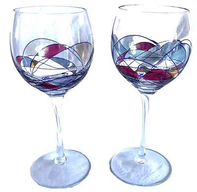 Buy Romanian Mosaic Colored Glass Clear Wine Stemmed 8” Glasses Set Of 2 Large SM34 • 47.49£