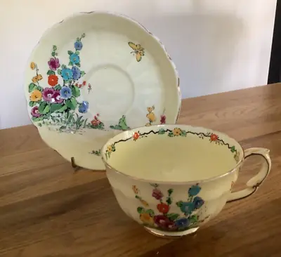 Buy Rare Vintage Crown Staffordshire Handpainted 'Hollyhock' Pattern Cup And Saucer • 25£