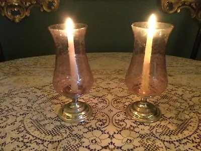Buy Pair Of Vintage Pale Pink Etched Glass Hurricane Candle Lamps. Silver Plated. • 22£