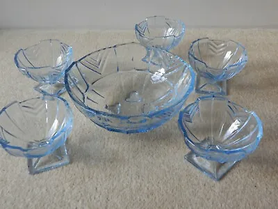 Buy Art Deco, Sowerby Pressed Glass, Chevron, Blue, Trifle/Dessert Set, 2631 Pattern • 23.50£