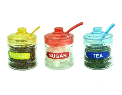 Buy 3pc Glass Round Tea Coffee Sugar Kitchen Storage Canister Pot Jar Set With Spoon • 16.99£