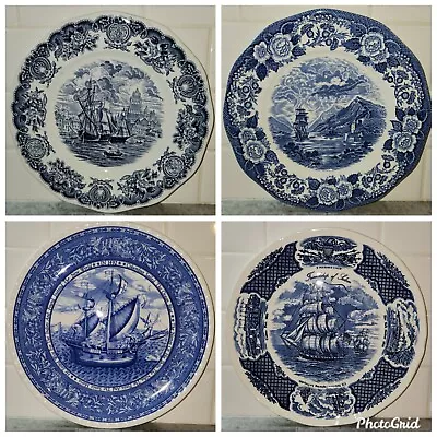 Buy Vintage Mismatched China Blue & White Transferware Dinner Plates - Ships Scenes! • 41.74£