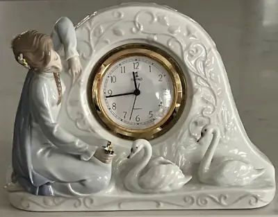 Buy Lladro 5777  Swan Clock  Elegant Lady W 2 Swans - 2 Petal CHIPS, No Box, RV$580 • 94.45£
