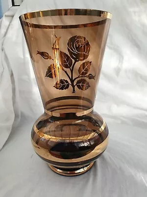 Buy Large Brown Bohemian Glass  With Gold Gild 1950's Mid Century Vase/flower Pot • 29.50£