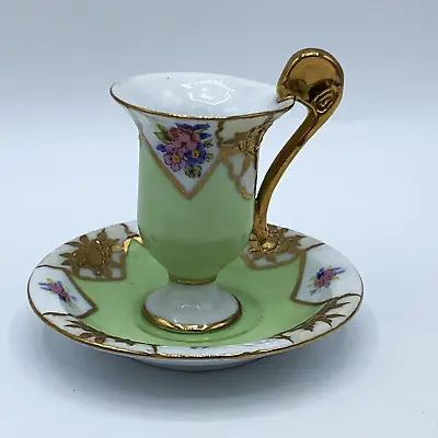 Buy Vintage Dainty Demitasse Tea Cup & Saucer Green W/Roses Florals & Gold Accents • 14.99£