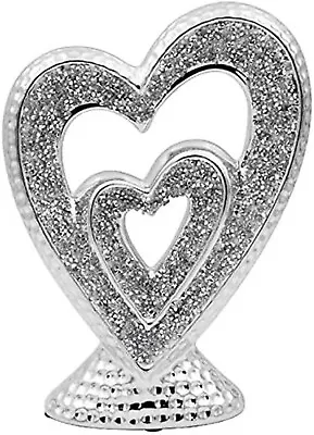 Buy Crushed Diamond Crystal Sculpture Silver Sparkle Double Heart Ornament 17x6x23 • 13.99£