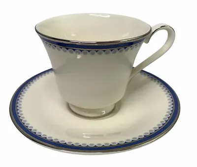 Buy Minton Clifton Cup And Saucer Platinum Trimmed Blue Patterned Design Bone China • 17.71£