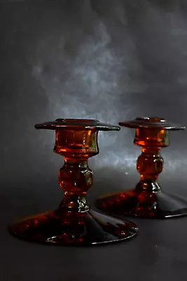 Buy Pair Of 2 VTG Cambridge Glass Amber Decagon Candleholders • 23.16£