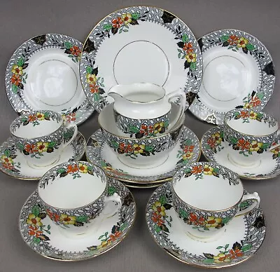 Buy Tea Set Service: Cups Saucers Plates. Black/orange, Hand Painted. Vintage 1930's • 32.99£