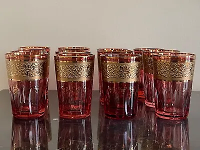 Buy Vintage Moser Self 12 Ruby Red Crystal Cut Tumblers With Heavy Gold Decoration • 354.03£