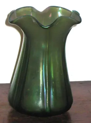 Buy Austrian Bohemian Iridescent Green Ribbed Vase Art Nouveau • 75£