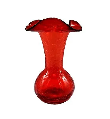 Buy Vintage Pilgrim Hand Blown Glass Ruby Red Crackle Ruffled Top Vase WV • 23.01£