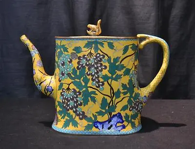 Buy Antique Unusual Oriental Yellow CLOISONNE Metal Teapot Bronze Squirrel On Lid • 272.76£