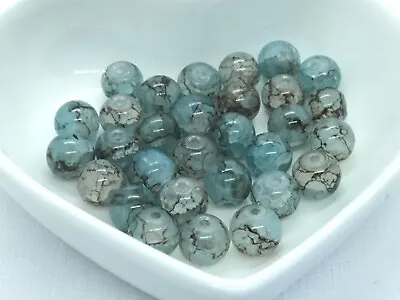 Buy Pack Of 30 Crackle Glass Aqua, Clear And Brown Beads,  8mm, Marble Effect • 2.76£