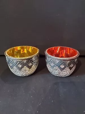 Buy A Pair Of Recycled Crackle Glass & Embossed Metal Indian Tealight Holders • 11.99£