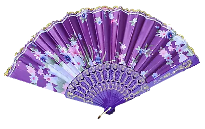 Buy Purple Flowers Fabric Plastic Summer Cooling Decorative Spanish Style Hand Fan • 2.95£