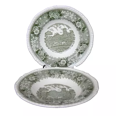 Buy 2 Adams English Scenic Rimmed Soup Bowls Green Real Ironstone  23cm • 6£
