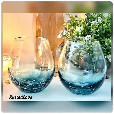 Buy Pier 1 Crackle Stemless Wine Glasses Teal Colored Barware 16 OZ Glasses  -  2 • 94.58£