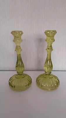Buy Candle Holders Set Of 2 TALL GREEN/YELLOW  Glass Vintage • 19.99£