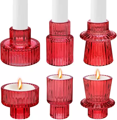 Buy Mineup 2 In 1 Glass Candle Holder Set Of 6 Clear Red Vintage Candlesticks For • 12.19£