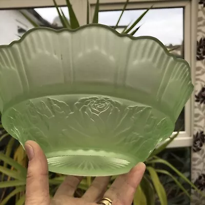 Buy Vintage Art Deco Style Green Frosted Glass Rose Decorated Scalloped Edge Bowl • 20£