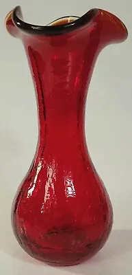 Buy Vintage Ruby Red 1 Each Crackle Handblown Flared Vase UV Glow Art Glass • 15.36£