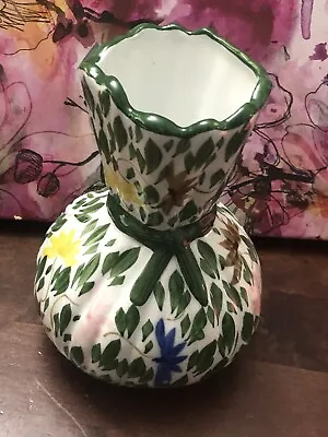 Buy Vase Art Pottery Hand Painted Flowers And Glazed Ribbed Effect Tied Up In A Bow • 19.99£