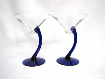 Buy 2 Cobalt Blue Libbey Bravura Martini Cocktail Glass Curved Stem Mint Mid Century • 23.71£