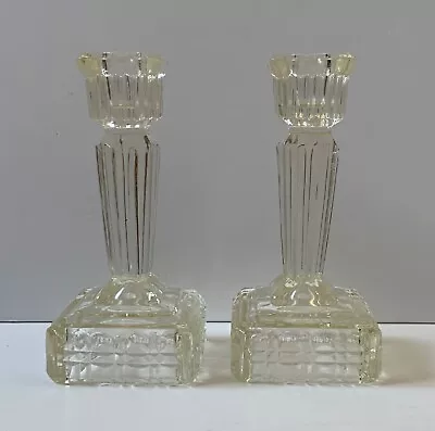 Buy Vintage Pair Candlesticks Art Deco Clear Pressed Glass Candle Holders • 20£