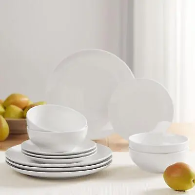 Buy Glazed White Plates Bowls 12 Pcs Stoneware Dinnerware Sets, Dishes Set For 4 • 25.03£