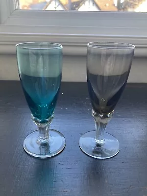 Buy 2 Antique Victorian Coloured Pedestal Stem Sherry Wine Glasses Brown & Blue • 40£