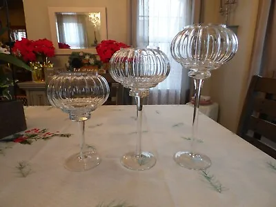 Buy Tall Stemmed Clear Glass Globe Candle Holders Set Of 3 • 37.92£