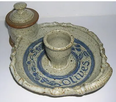 Buy Stoneware Studio Pottery - Shell Pattern Olive Tray With Stick Holder & Pip Jar. • 65£