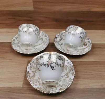 Buy 3 X Vintage Roslyn Fine Bone China England Gold Leaves Pattern Cups & Saucers • 13.99£