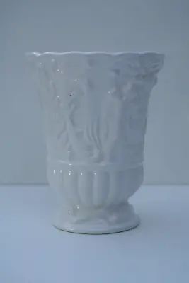 Buy A Lovely Vintage White Ceramic Vase With Embossed Design,13cm X 10.5cm. • 9.99£