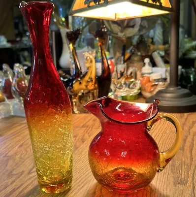 Buy 2 Vintage Amberina Crackle Glass Pitcher 5.5   &  Bud Vase 10” Tall • 27.94£