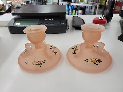Buy Vintage Pair Of Hand Painted Pink Frosted Depression Glass Candle Holders • 19.20£