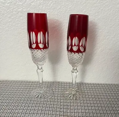 Buy SET Of 2 GODINGER EDINBURGH CUT TO CLEAR RED RUBY CRYSTAL WINE/CHAMPAGNE GLASSES • 142.31£