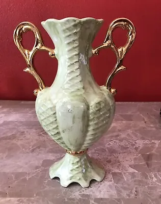 Buy Vintage McNess Chameleon Green Ceramic Vase With Gold Accents Marked 265 1971! • 77.13£