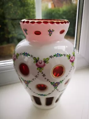 Buy Vintage Bohemian / Czech Opaline  & Ruby Overlay Floral Design Art Glass Vase • 96£