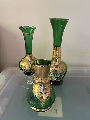 Buy 3 Bohemian Green Glass Czech Fancy Ornaments Vase Floral, Gold Egermann • 39.99£