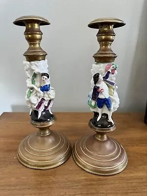 Buy Vintage Antiqued Brass Candle Holders W/glass Victorian Colorful Woman And Man • 33.07£