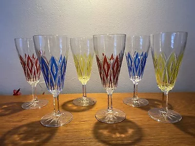 Buy 6 French VCM Reims Crystal Diamond Cut Harlequin Champagne Wine Glasses. 1950s. • 55£