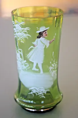 Buy Antique Green Bohemian Glass 'Mary Gregory' Style Vase Enamelled Girl • 24.99£