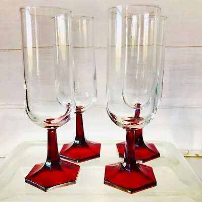 Buy Vintage Luminarc Hexagonal Red Stemmed Champagne Flute Wine Glass. 1970s France • 24£
