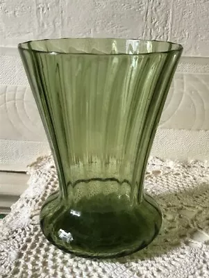 Buy Antique Green Glass Vase Flared & Ribbed With Lobed Base Hand Blown • 19.50£