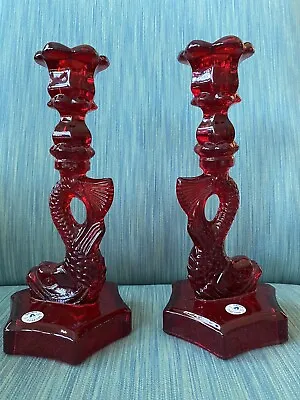 Buy Vintage Pair Of Dalzell Viking Ruby Red Glass Koi Fish Candlestick Holders • 132.05£