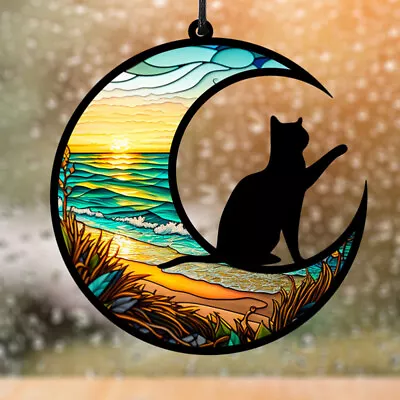 Buy Stained Cat Suncatcher & Moon Wall Decor - Glass Window Ornament • 8.68£