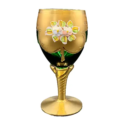 Buy Bohemia Czech Emerald Green Wine Cordial Goblet - Gold Overlay Enameled Flowers • 23.67£