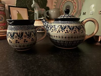 Buy Polish Pottery Tea Pot & Matching Mug - Blue Pattern • 20£